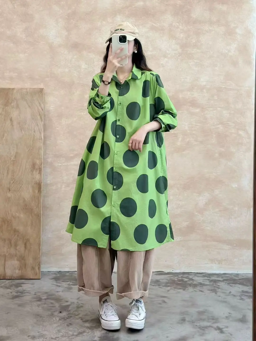 Busto 118cm vestido camisero de algodón puro con estampado de lunares para mujer estilo japonés original otoño azul púrpura vestido de puntos de manga larga