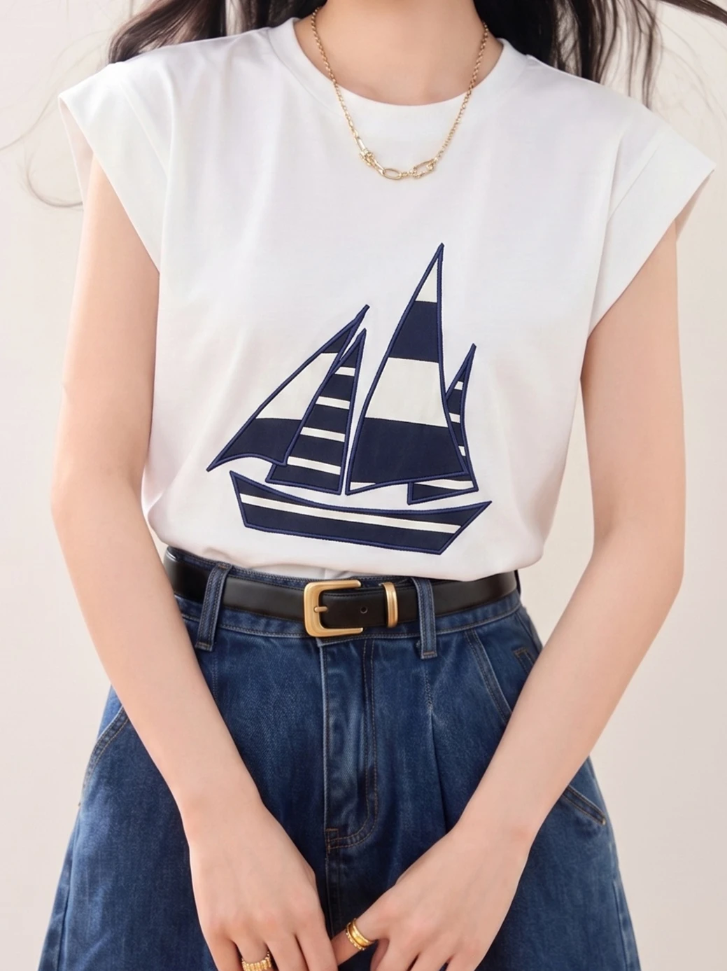 New Fashionable Sailing Boat Print Sleeveless T-Shirt Top Summer Women's Round Neck Loose Slim Fit Commuter Short Sleeveless Top