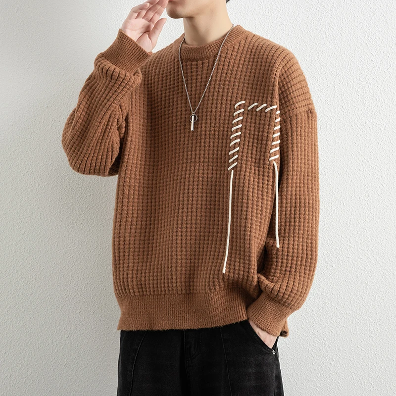 

Мужской утолщенный свитер крупной вязки свободного кроя с круглым вырезом, базовая модель для осени и зимы, повседневный, в расслабленном стиле