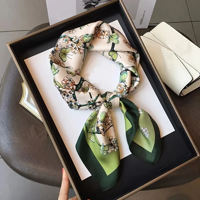 Luxury Green Plant Butterfly Printed Square Scarf Elegant Style Thin Silky Neck Scarf Spring Summer Outdoor Sunscreen Headscarf
