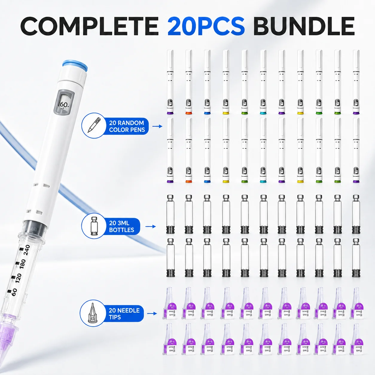 20PCS Set 3ml Disposable Injection Pen Set 60IU Adjustable Dose Self Injector with Bottles & Needle Tips for Home Travel Use