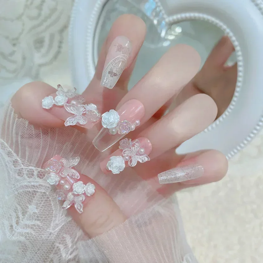 24 Uds. De uñas postizas decoradas con flores y mariposas, cubierta completa extraíble, diamantes de imitación de lujo, prensa acrílica en uñas,