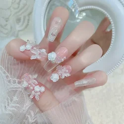 24 Uds. De uñas postizas decoradas con flores y mariposas, cubierta completa extraíble, diamantes de imitación de lujo, prensa acrílica en uñas, uñas postizas con pegamento