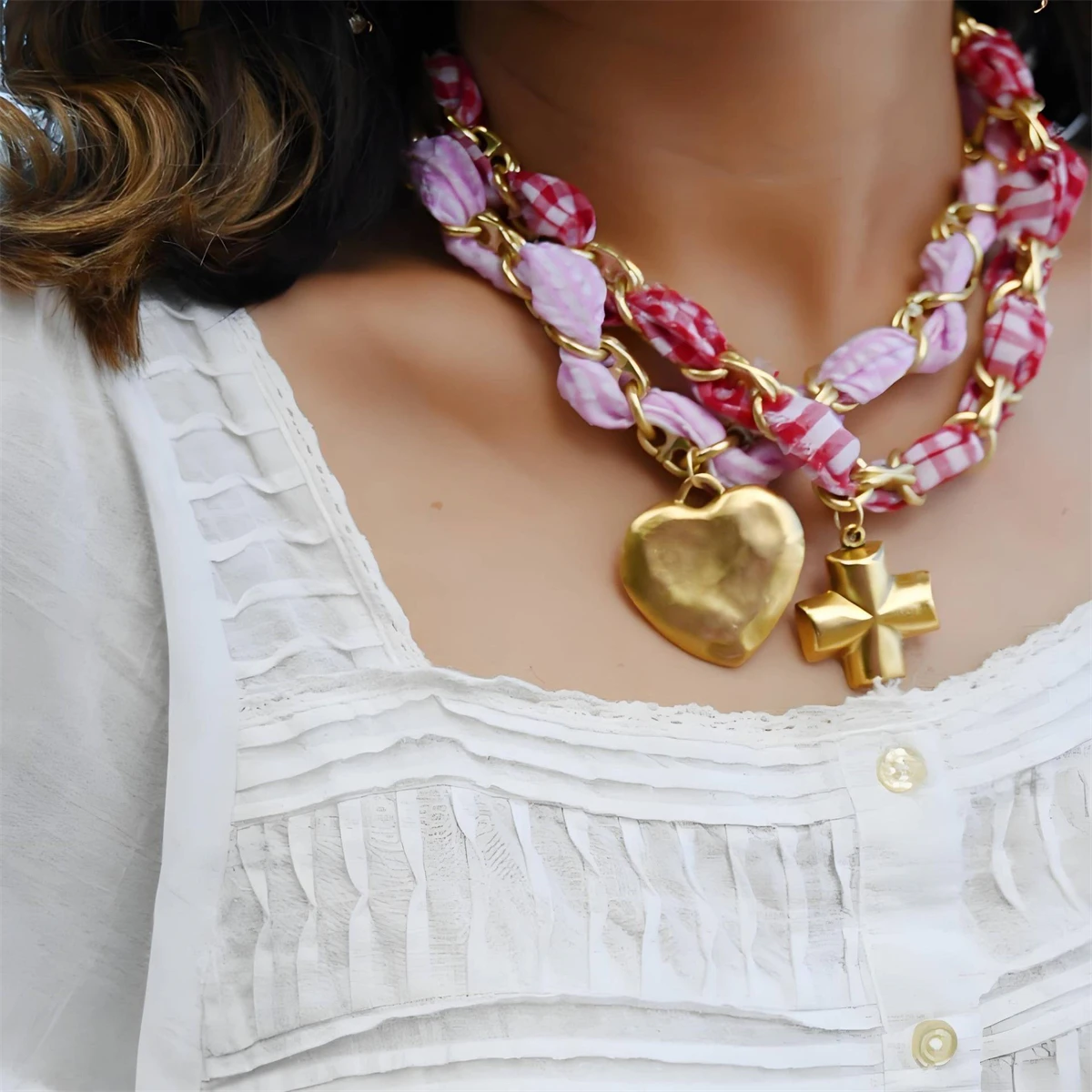New Personalized Necklace Cross Pendant Silk Scarf Cloth Strip Necklace Plated 18k Gold Color Preserving