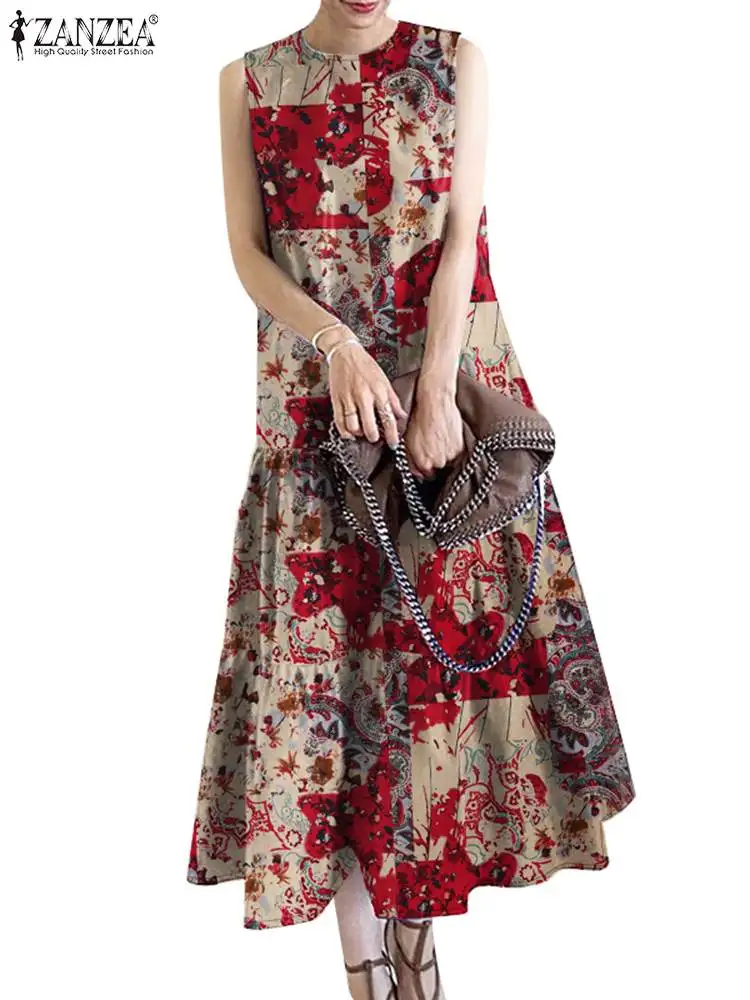 ZANZEA Women Bohemian Holiday Midi Dress Casual Loose Party Vestido Vintage Summer Sleeveless Floral Printed Sundress Robe Femme