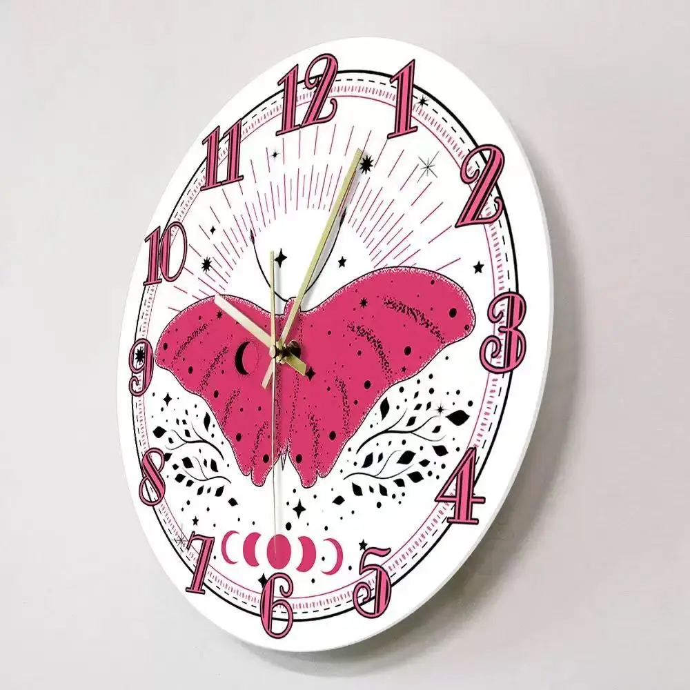 Pink Butterfly Moth Wall Clock Moon Phase Mystic Celestial Silent Quartz Watch Girls Bedroom Living Room Decor Witchy Gift
