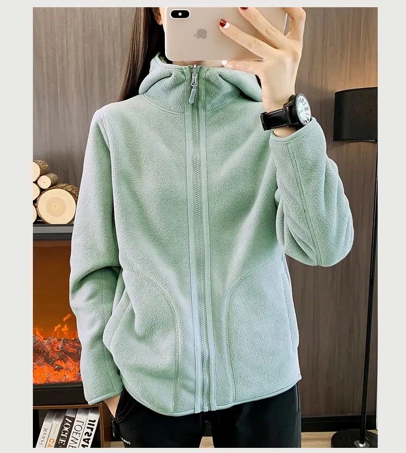 Zip-up Hooded Double-sided Wear Flannel Sweatshirt Women Thick Slim Fleece-lined Jacket Outdoor Sports Y2k Autumn Winter Coat