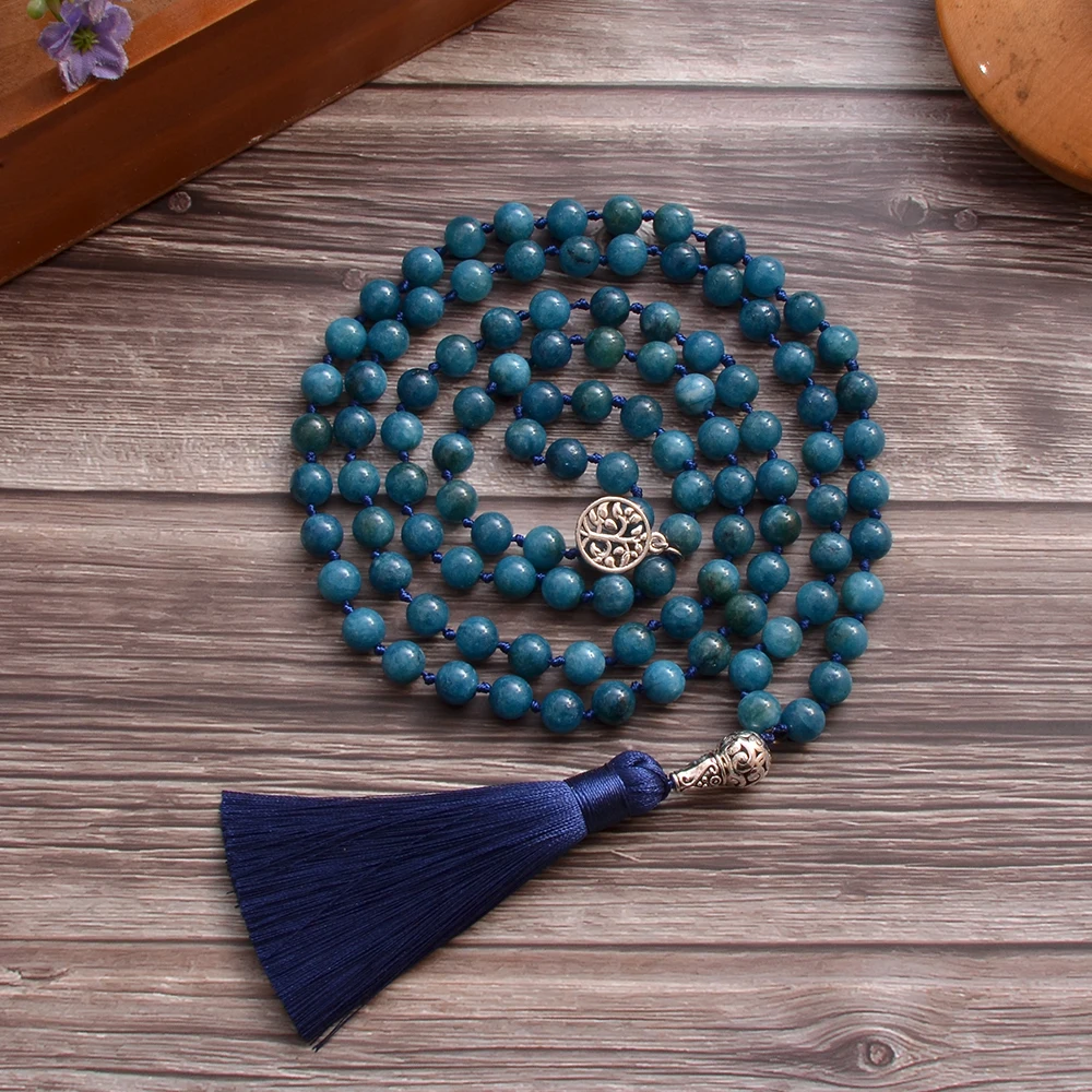 

8mm Apatite Beaded Knot 108 Mala Necklace Meditation Yoga Prayer Jewelry Tassel Tree of Life Pendant for Women Rosary