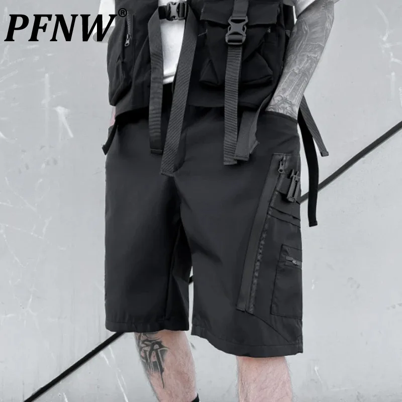 

PFNW Dark Style Men's Shorts Zippers Design Elastic Waist Straight Menwear Wide Leg Loose Male Bottom Solid Color Summer 12C402