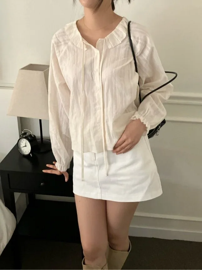 Sweet Young Looking Shirt for Women with Bow Tie Long Sleeve Single Button Baby Collar Inner Wear Top Korean Style Autumn Fas...
