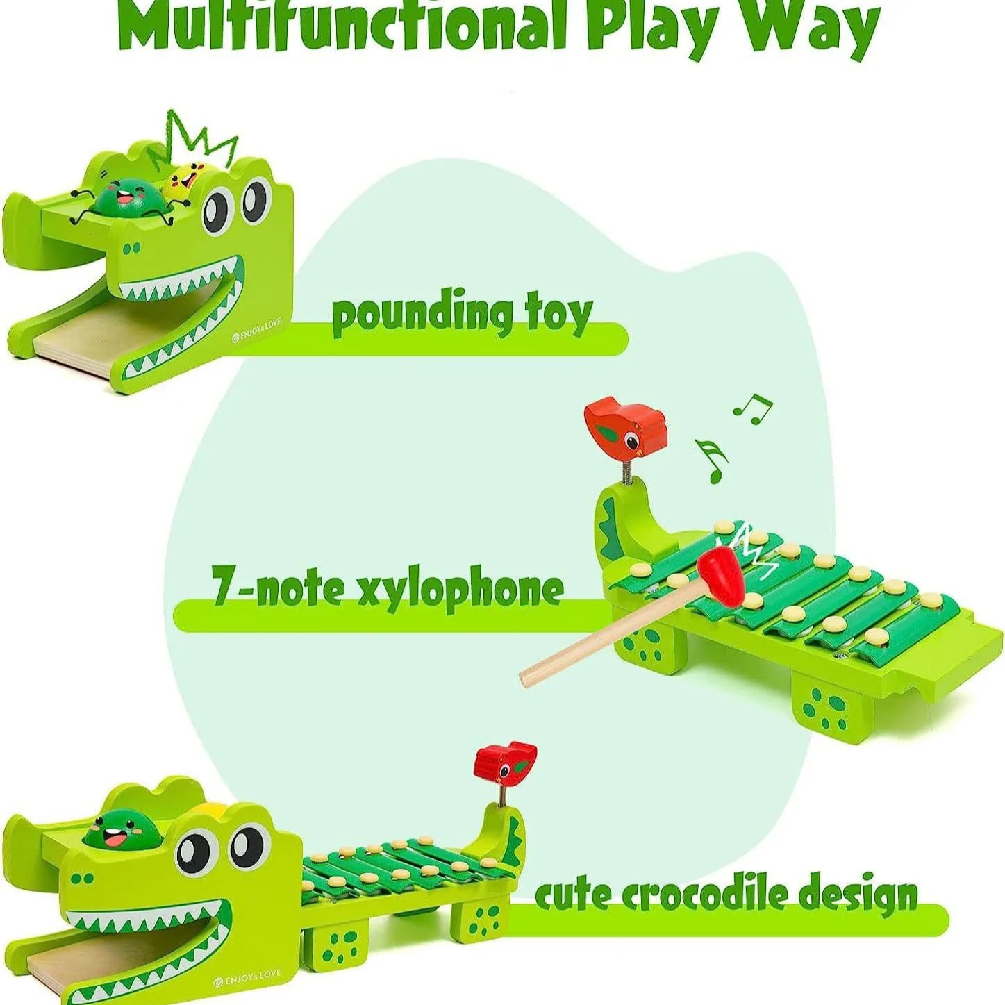 Toddler Sensory Wooden Musical Toy Crocodile Xylophone 2-in-1 Ball Pound Game Early Learning Educational Plaything