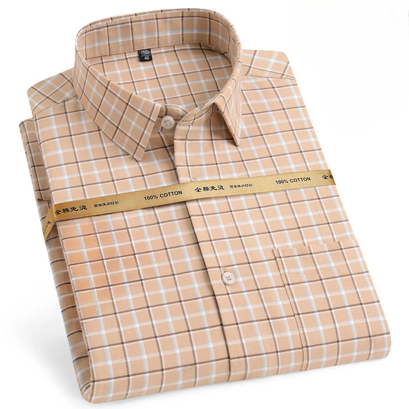 

11XL 10XL 100% Pure Cotton Plaid Men Shirts Long Sleeve Dress Shirts Male Social Business Casual Solid Color Oxford stripe Shirt