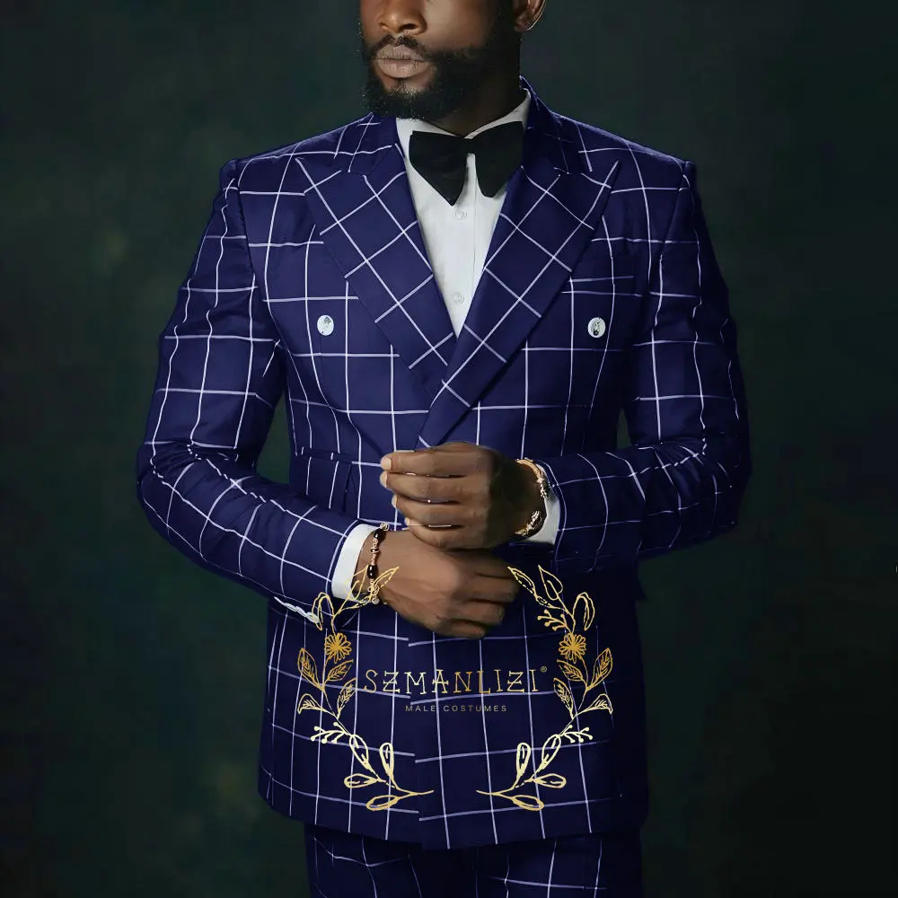 

Handsome Plaid Casual Men Suits Customized Double Breasted Blazers Groom Party Tuxedos 2 Pcs Stes Male Prom Blazers Ropa Hombre