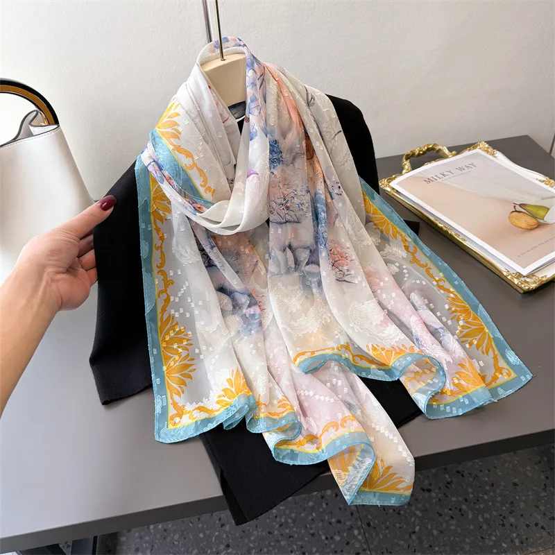 

2025 Popular 180X70cm Print Bandannas Silk Scarves Four Seasons Beach Sun Protection Towel Fashion Flower Long Shawls Hijab Wrap