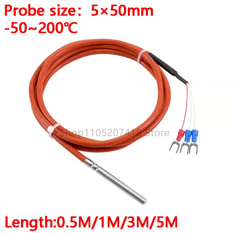Three Wire PT100 PT1000 Temperature Sensor Platinum Thermal Resistance Silicone Wire Cable Waterproof Probe length 1M/2M/3M/5M