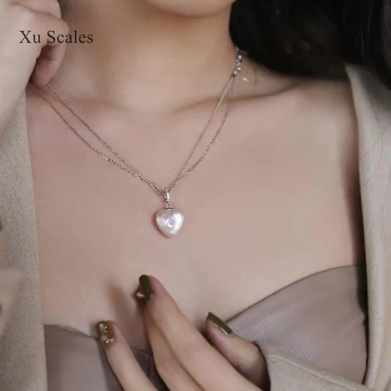 Handmade S925 Sterling Silver Double Chain Natural Fresh Water Baroque Love 15-16mm Pearl Pendant Necklace Romantic Girl Jewelry