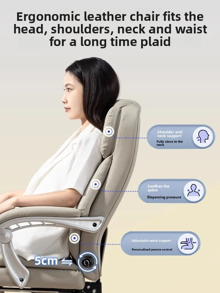 Comfortable Genuine Leather Computer Chair Reclining Office Chair with Adjustable Lumbar Support for Long Sitting