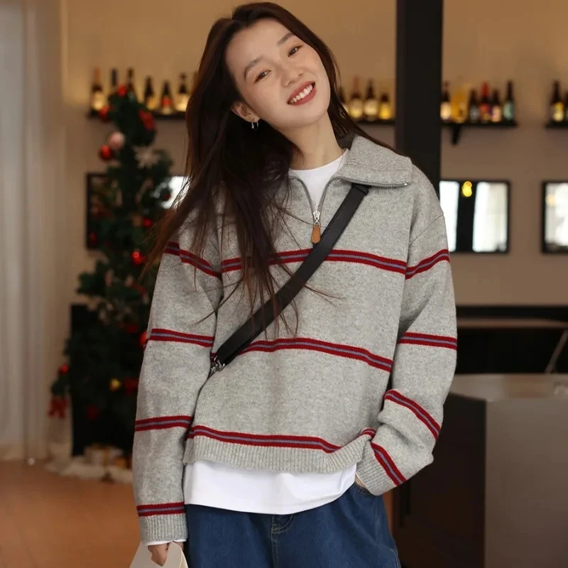 

Pullover Sweater Female Wool Korean Retro Contrast Stripe Zipper Sweater for Women Autumn Winter Loose Sweater