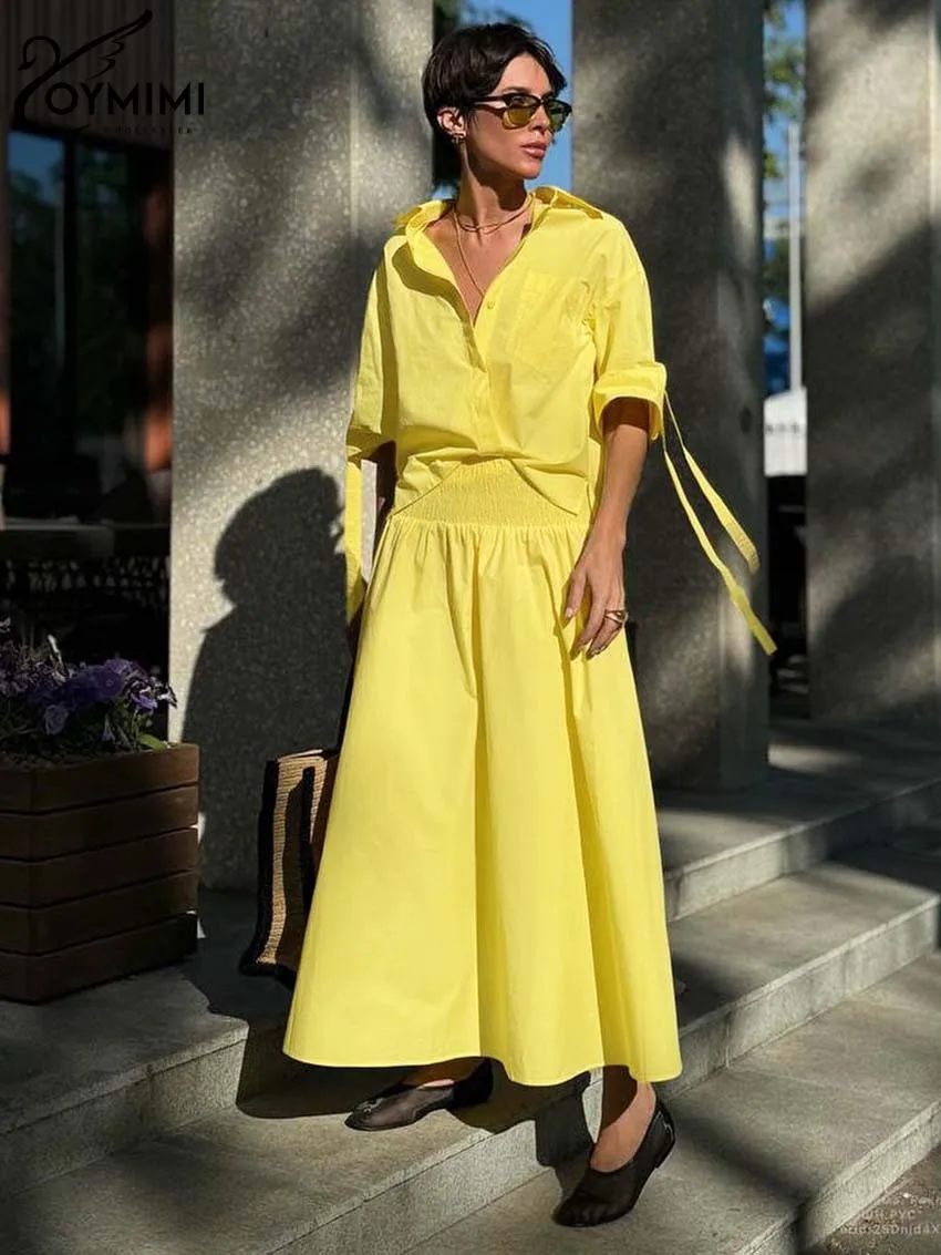 

Oymimi Casual Yellow Cotton Sets Womens 2 Piece Fashion Loose Half Sleeve Shirts And High Waisted Pleated Mid-Calf Skirts Sets