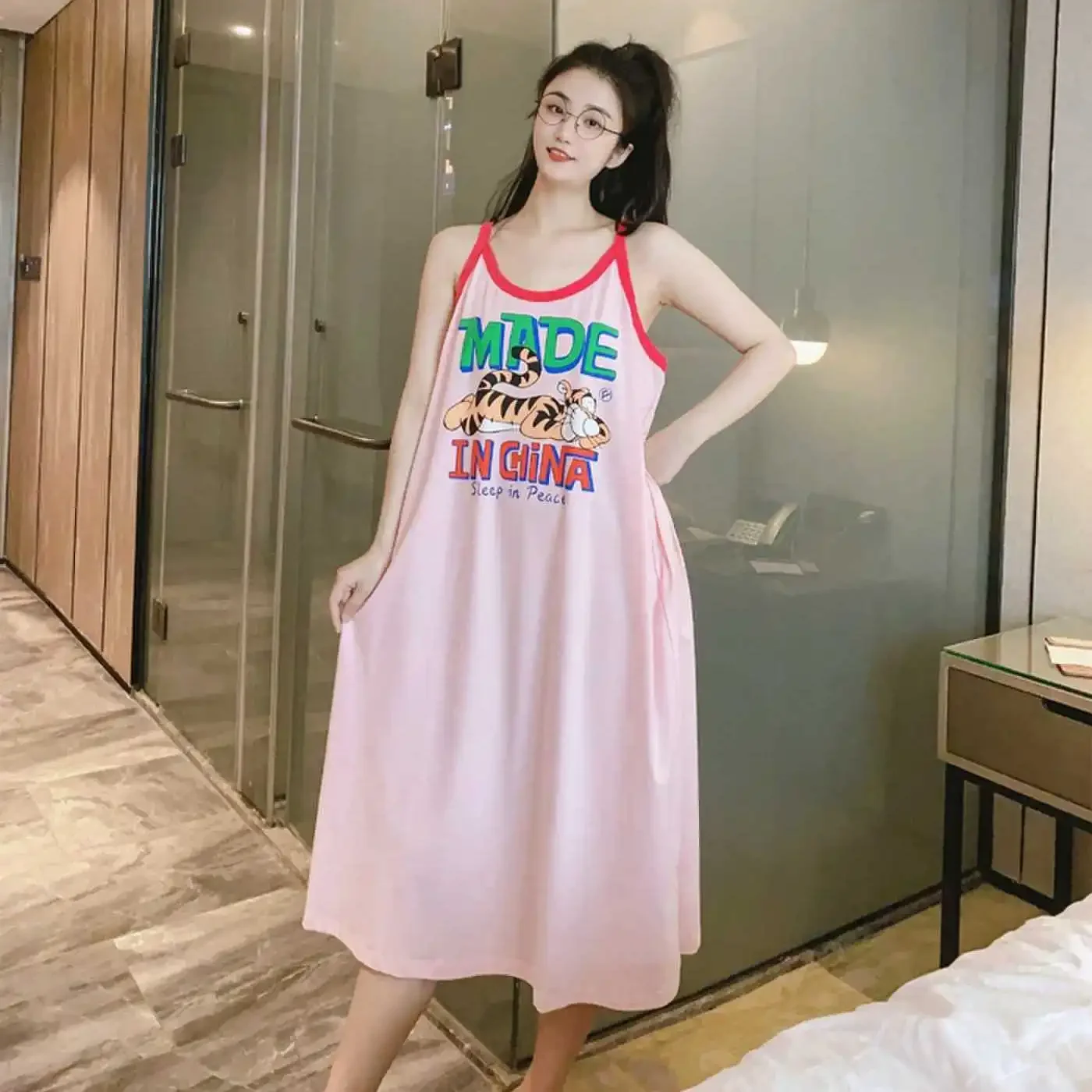 Sexytank Women's Loose-fit Cartoon Cute Medium-length Tank Dress Summer New Casual Homewear Nightgown Sleepshirt