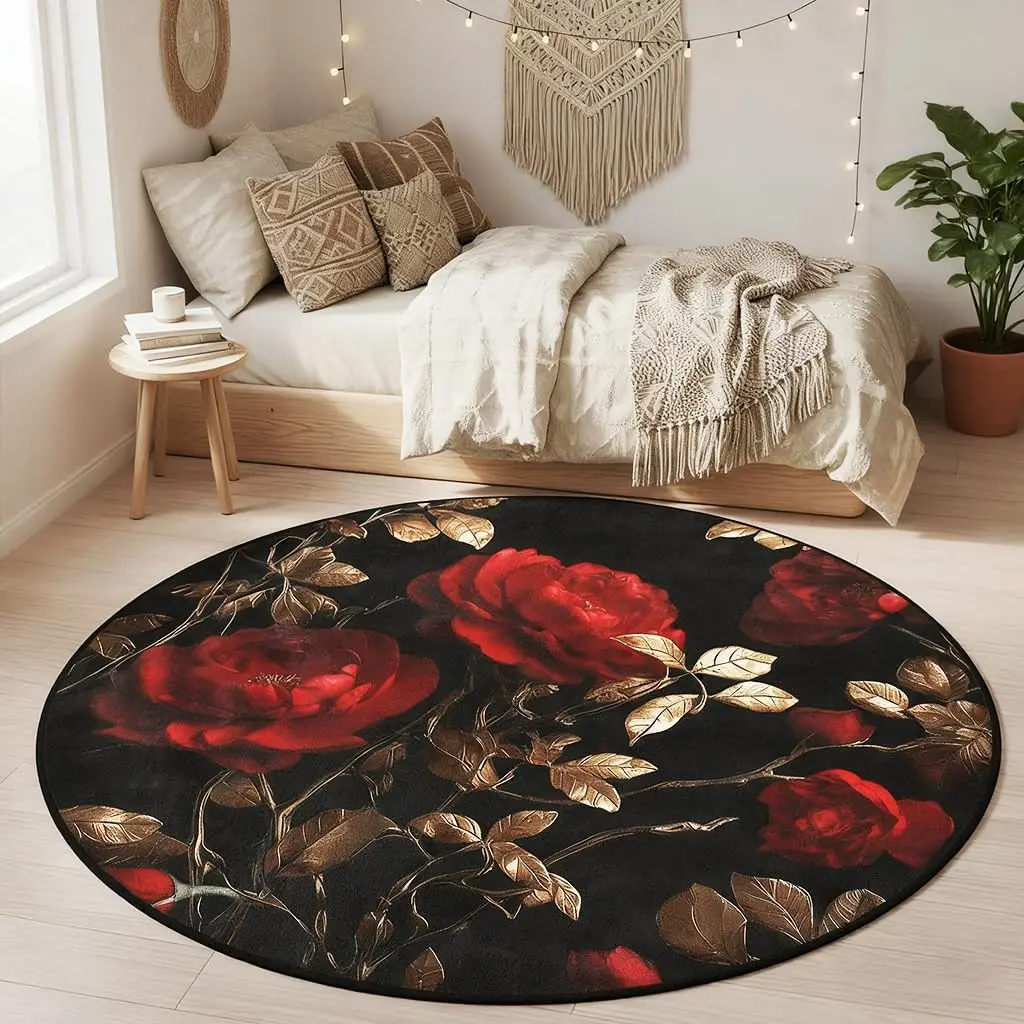 Chinese Style Circular Rug Lucky Koi Fish Pond Print Round Carpet for Kids Room Living Room Cute Decor Non-Slip Floor Mat Area