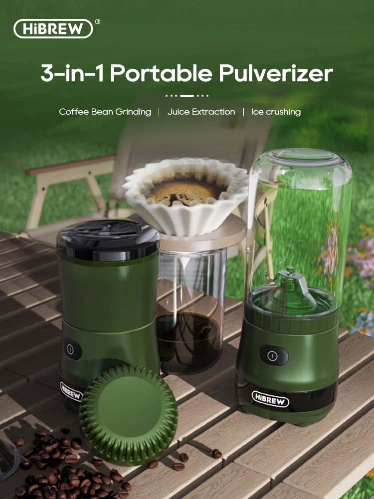 HiBREW Tragbare 3-in-1 elektrische Kaffeemühle, 2000 mAh, Doppeltasse, Obstmixer, Entsafter, Mixer, Eisbrecher, Camping oder Reise, G2