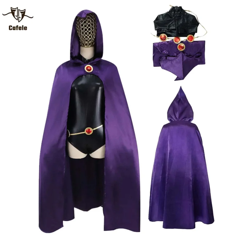 Caffele TeenTitans-Raven Cosplay Costume Deluxe Jumpsuit Belt With Purple Cloak Halloween Uniform Cosplay Costume Props For Wome