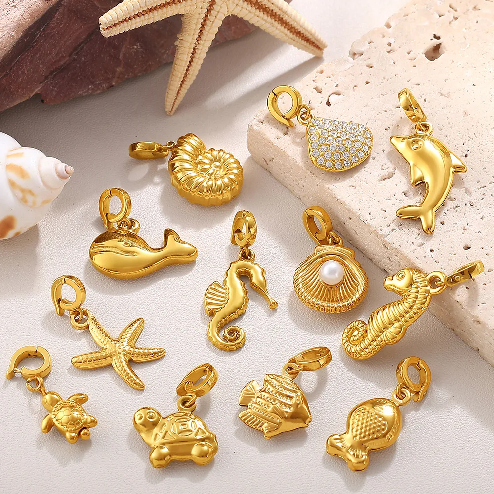 

Stainless steel marine life bikini buckle charms 18k real gold shell seahorse starfish DIY accessories