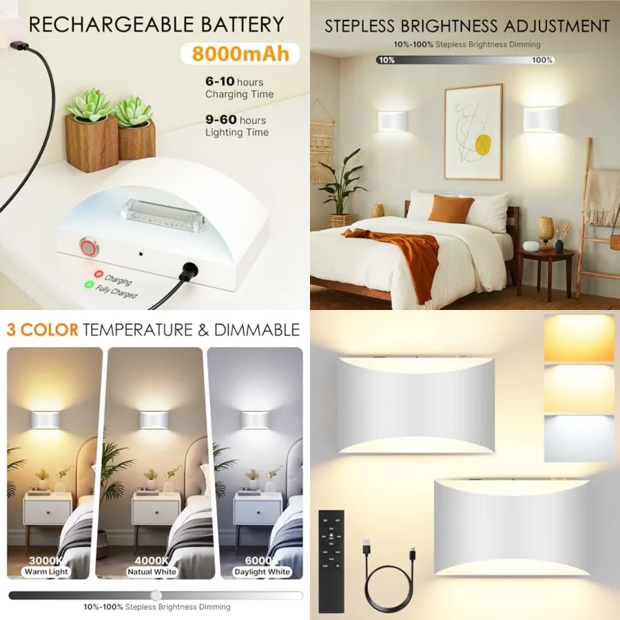 

Battery Operated Wall Sconces Set of 2, Rechargeable Remote and Touch Wall Lamps, 3 Color Temperatures, Dimmable Lamp for Bedro