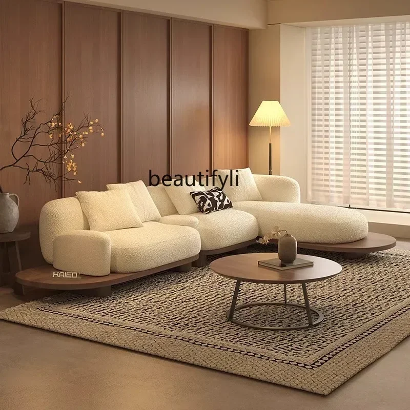 02 Nordic cream style solid wood high-end artistic sense small apartment living room sofa walnut color lamb wool sofa
