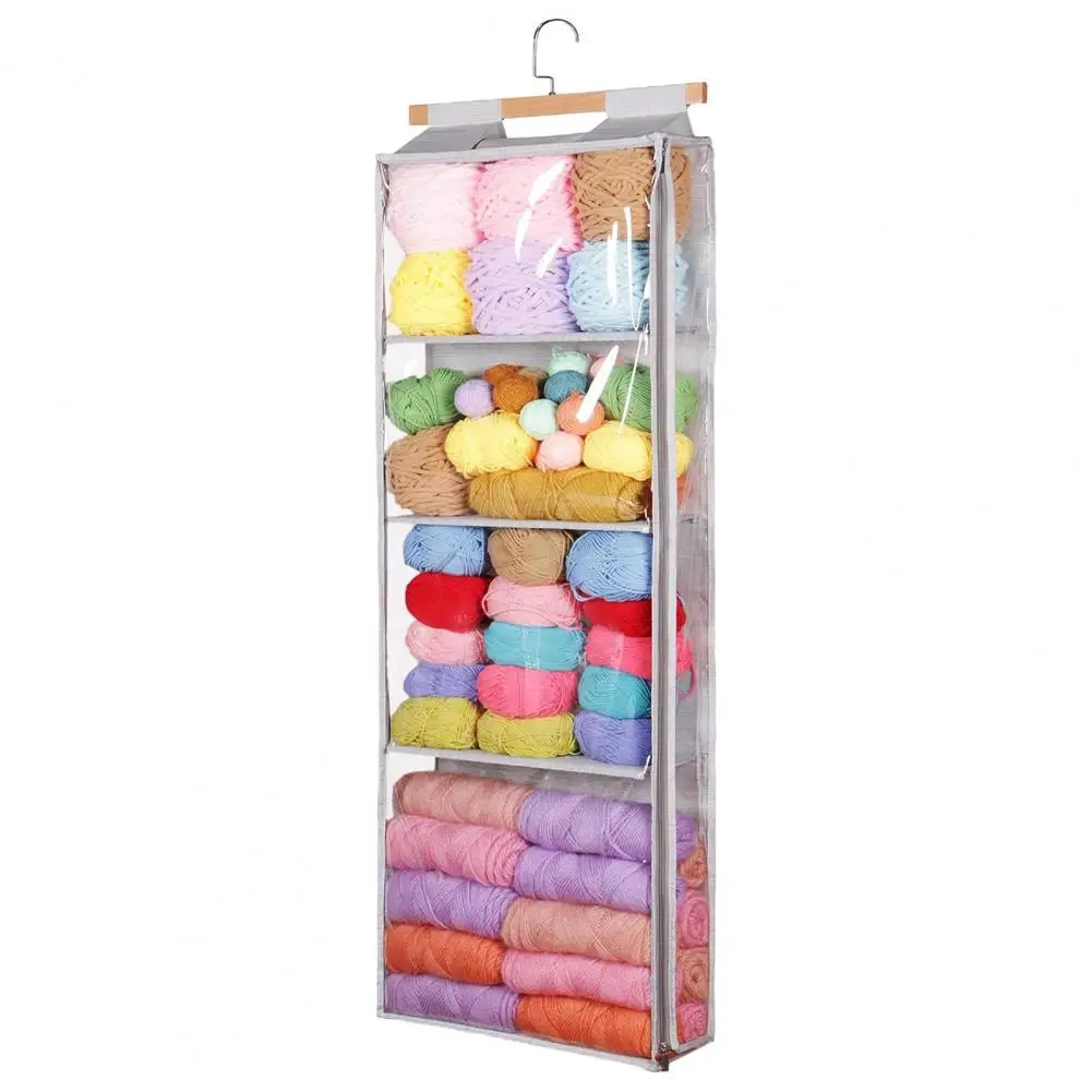 Hanging Yarn Storage Bag with Swivel Hooks Zipper Design Multiple Compartments Dustproof Clear Knitting Organizer Storage Bag