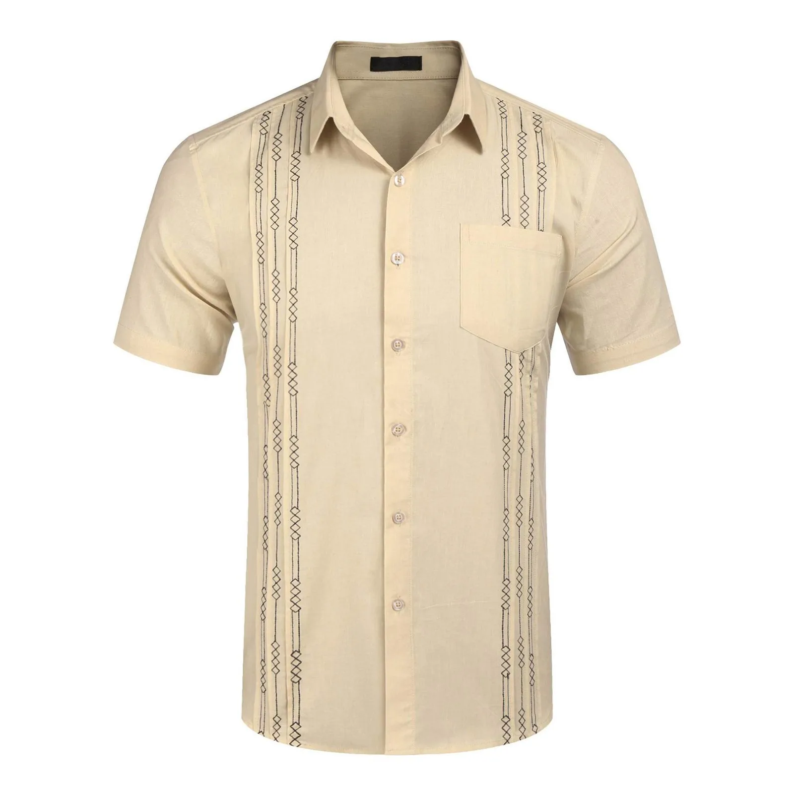 Men\'s Short Sleeve Linen Shirt Cuban Beach Tops Pocket Guayabera Shirts Outdoor Apparel