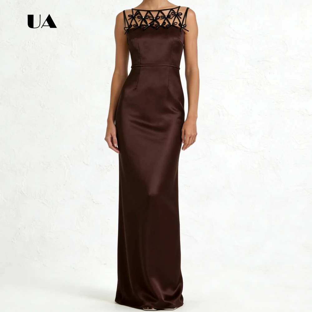 ULBYANRY Abito da ballo dritto in raso con scollo a fiocchi trasparenti, abito da sera con scollo rotondo solido, abito da festa personalizzato senza maniche