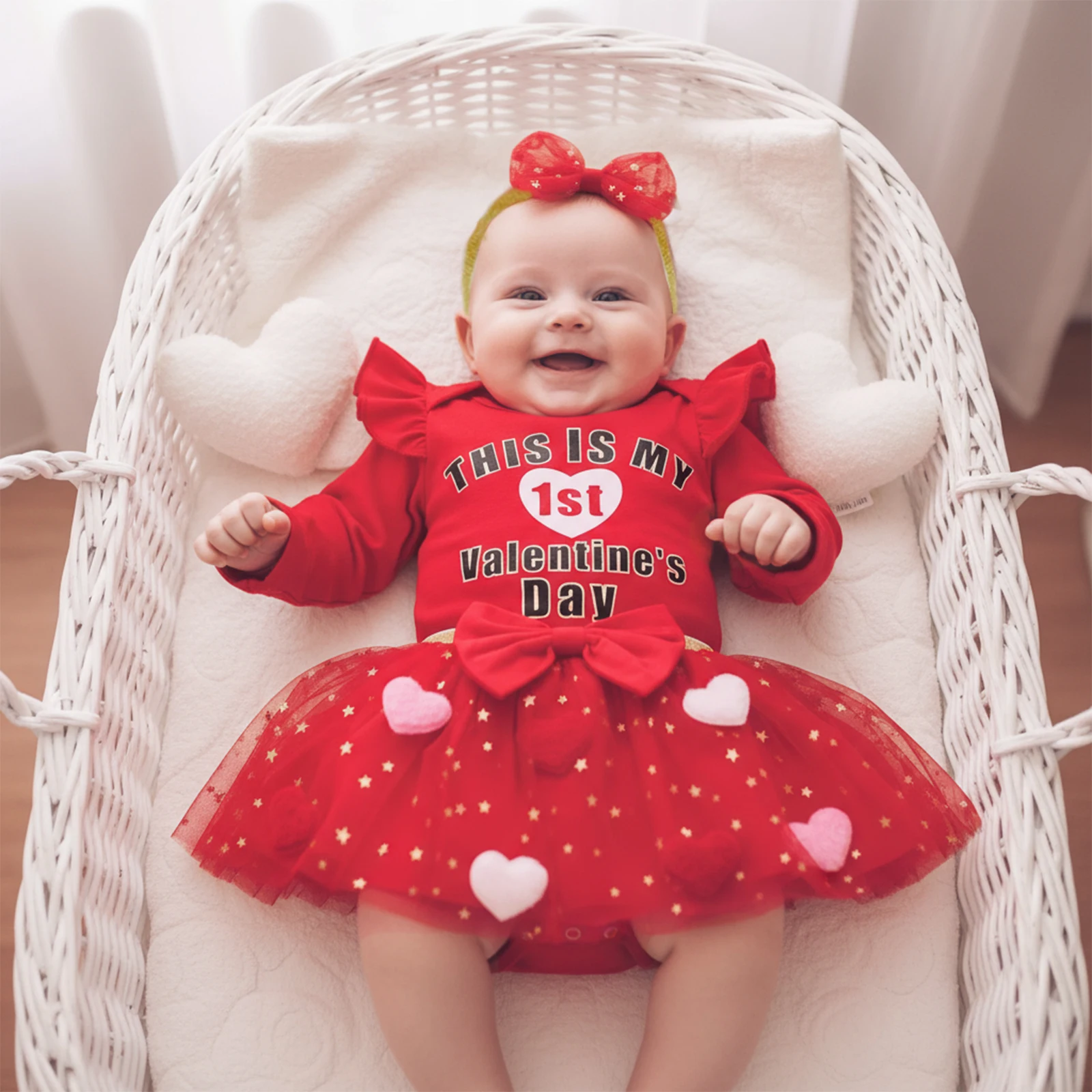 2026 السنة الجديدة طفل رضيع فتاة أول عيد الحب الزي طويلة الأكمام رسالة رومبير تول تنورة القوس عقال 3 قطعة مجموعة