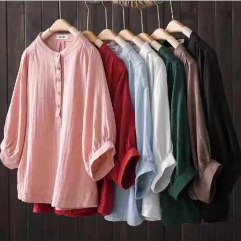 

Japanese Sweet Mori Girl Solid Color Cotton Yarn Shirts Women Summer Stand Collar Half Sleeve Casual Loose Blouse Tops