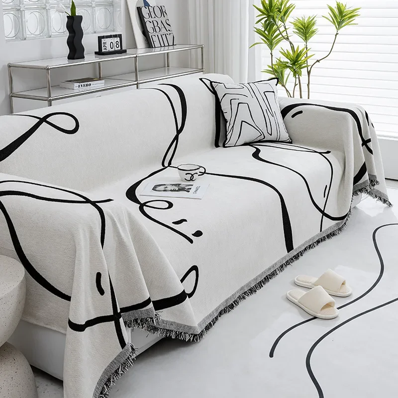 Black Line Chenille Sofa Cloth Sofa Blanket Full Cover Universal Couch Towel Dust Proof Sofa Cushion