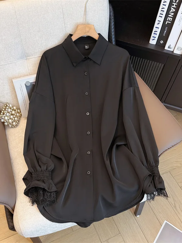 

Ele Bla Lace Bell Sve irt Women's Loose Sli Mid-Length Top for Autumn Winter plus Size Faionable Commute Sle