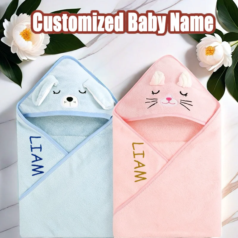Customizable Baby Name Cartoon Animal Hooded Bath Towel Coral Fleece Toddler Bathrobe Swaddle Wrap for Boys & Girls Newborn Gift