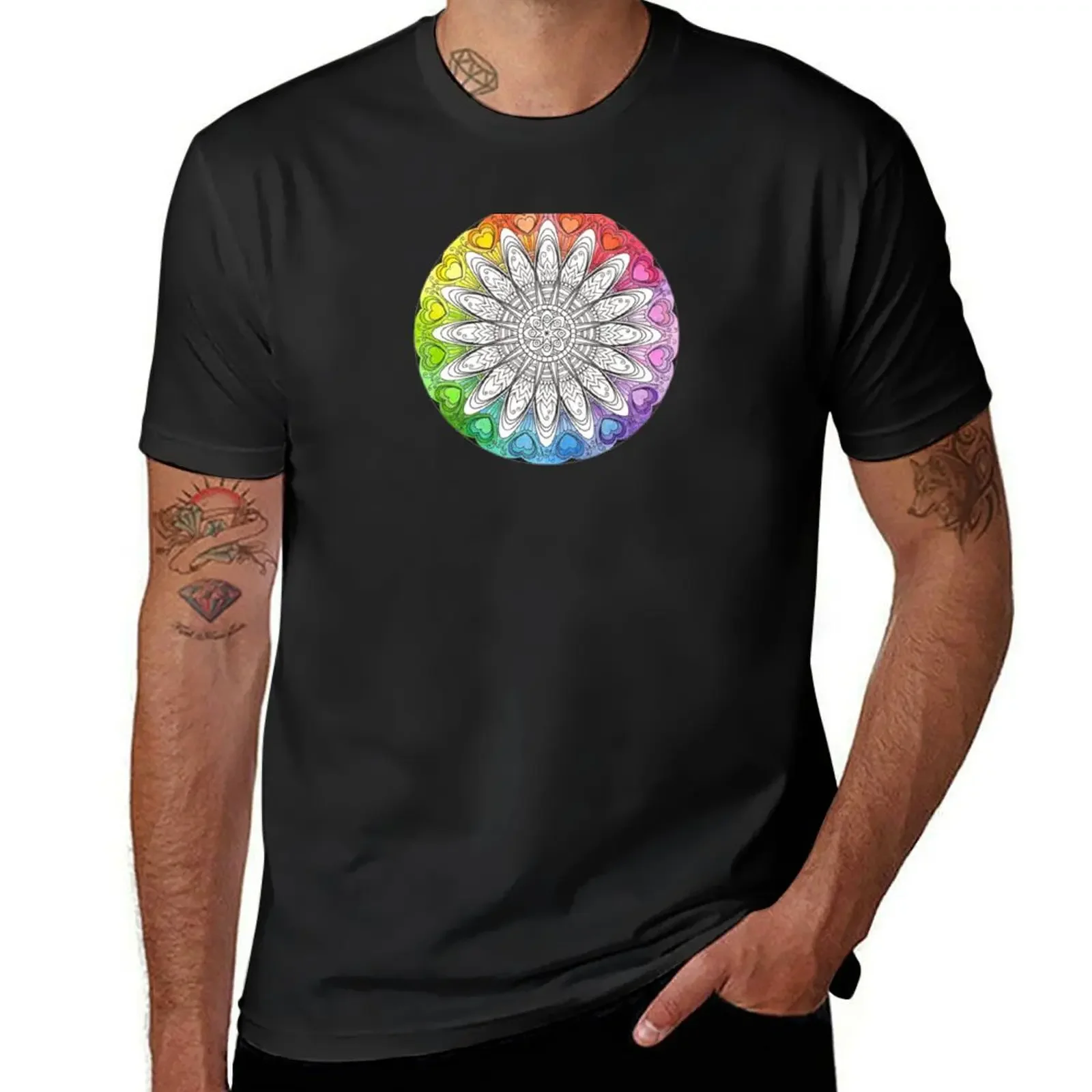 

Rainbow Coloured Hand drawn Design Mandala T-Shirt shirts graphic tees sweat shirts men graphic