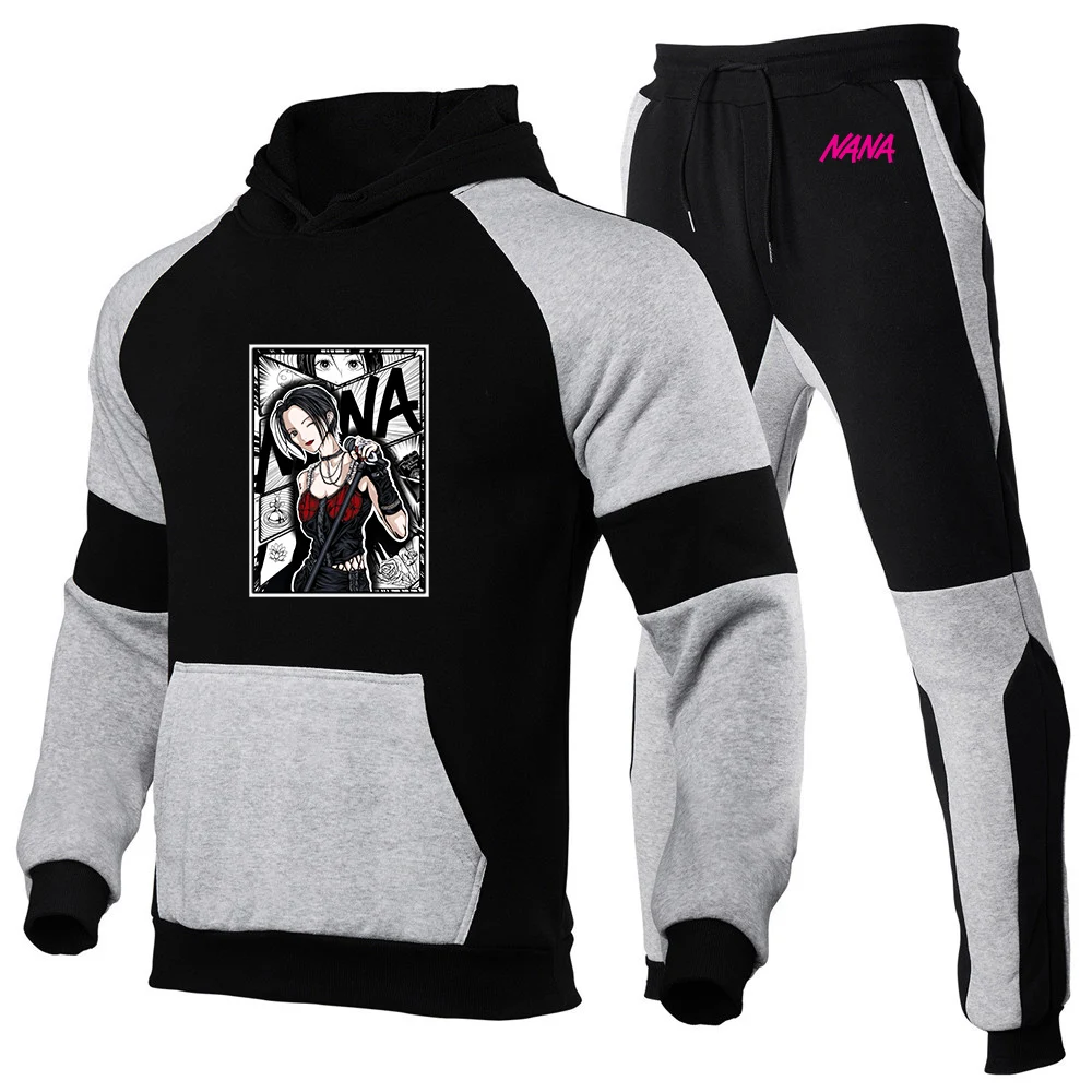 Japanese Anime Nana Osaki Print 2026 Spring And Autumn Men's New Patchwork Color Casual Hoodie+Trouser Harajuku Suit