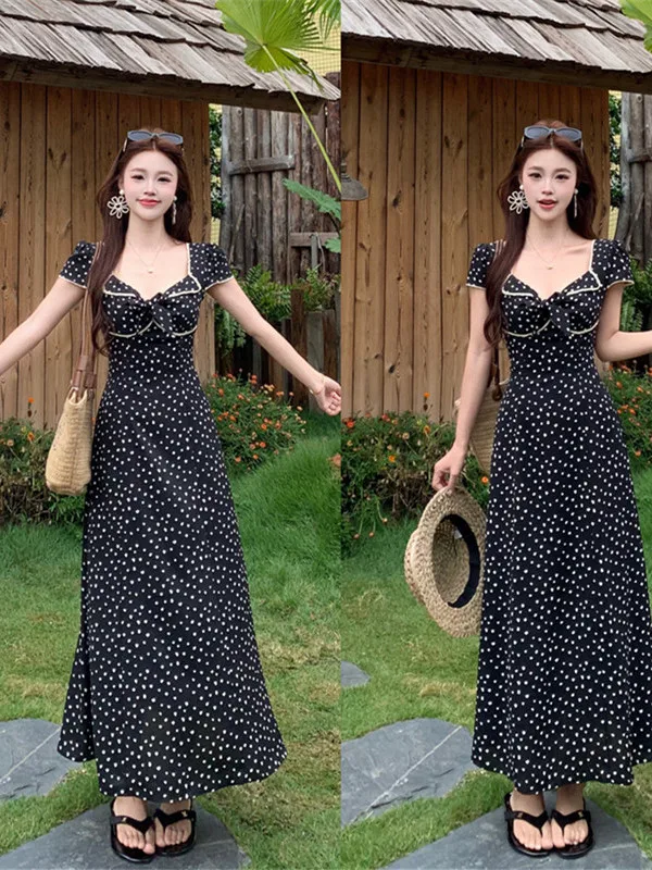 

Vintage Black Polka Dot Dress with Bow Knot for plus Size Women Tea Break Holiday Long A-Line Skirt Slimming French Style