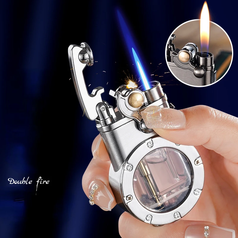 New Metal Double Fire Rocker Lighter Transparent Air Warehouse Windproof Butane Inflatable Lighter Men\'s Gift Smoking Tools