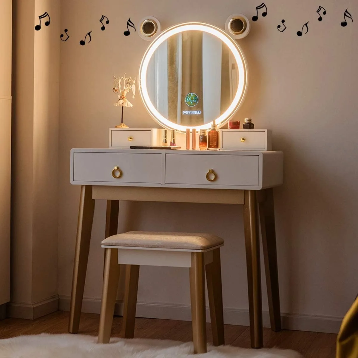 

Vanity Set with Lighted Mirror, 4 Drawers with Jewelry Organizer, Bedroom Makeup Dressing Table with Cushioned Stool