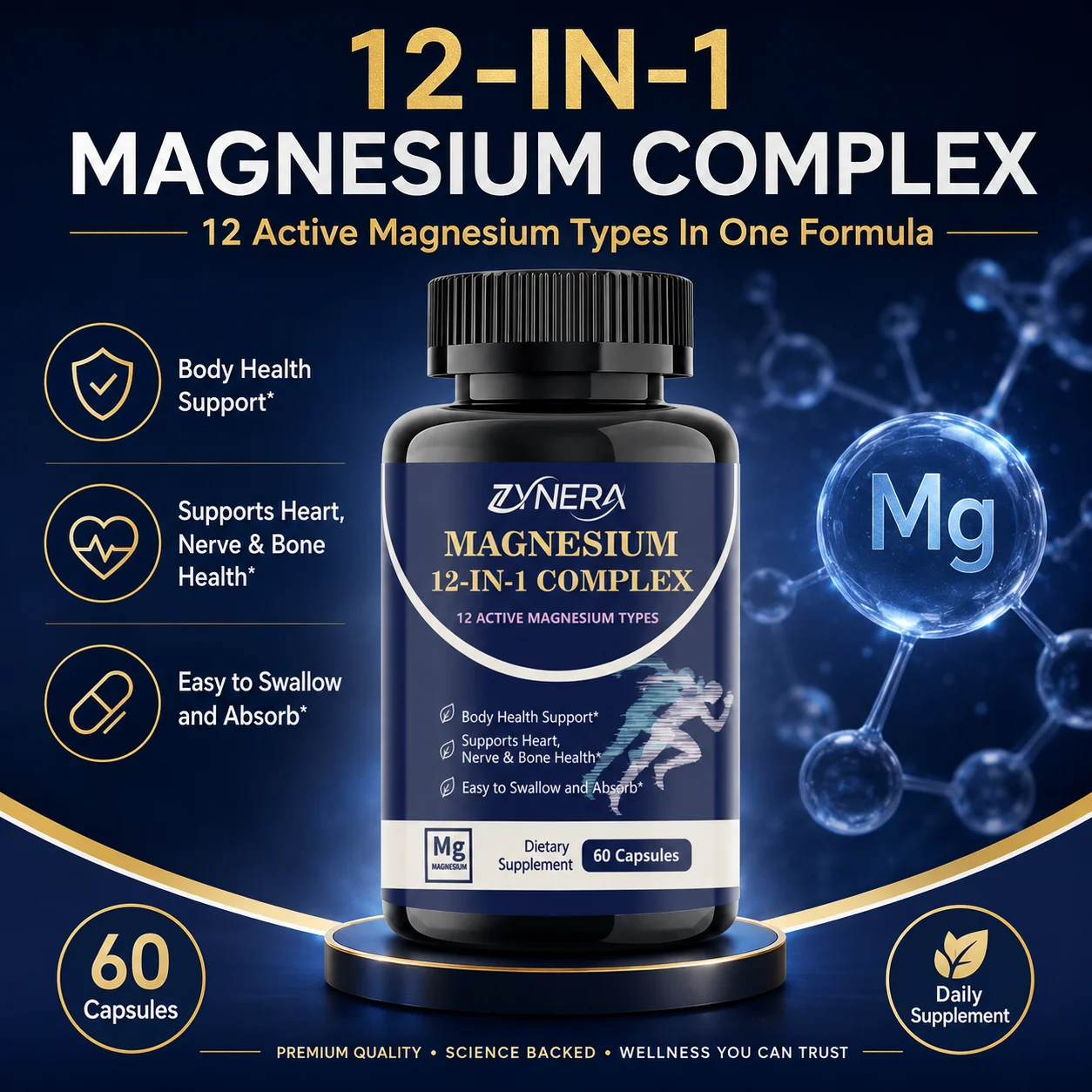 

Magnesium 12-in-1 Complex Supplement 60 Capsules Glycinate Citrate Malate Taurate Blend ZYNERA Daily Magnesium Support