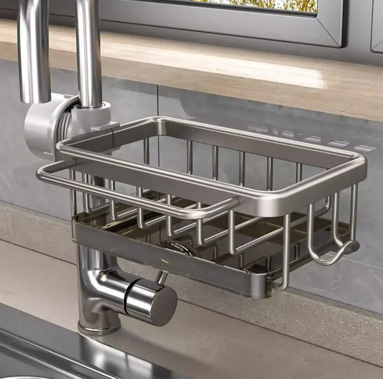 Rak pengering wastafel dapur Stainless Steel, rak penyimpanan spons, rak handuk, Aksesori dapur