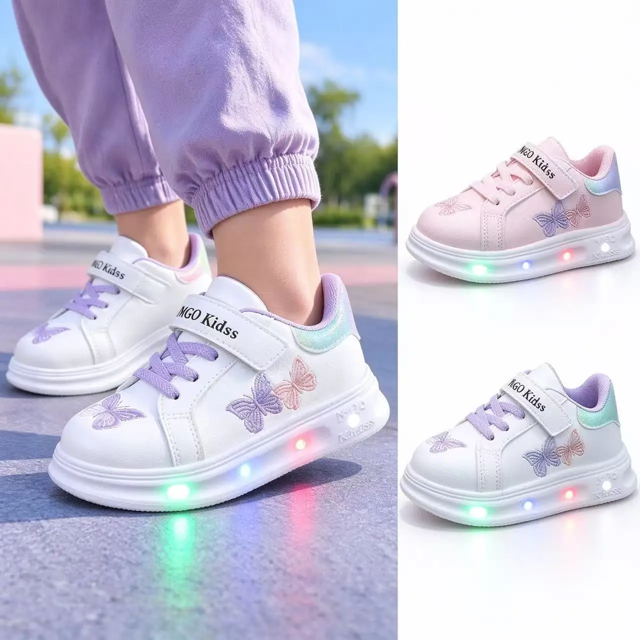Mgo Kidss New Spring and Autumn Models Girls' Butterfly Light-Up Sneakers with Velcro Led Flashing Casual Shoes Light-Up Shoes for Large, Medium, and Small Children Embroidered Light-Up Sneakers Led Flashing Sneakers G