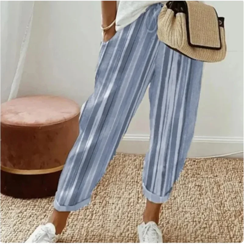 

Женские Штаны Для отдыха эластичный пояс полосатые карманы с принтом прямые штаны 2024 новые свободные брюки