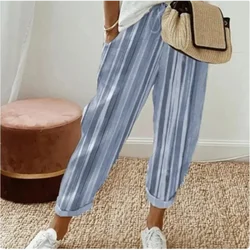 Women's Leisure Pants Elastic Waistband Striped Pocket Printed Straight Leg Pants 2024 New Loose Trousers