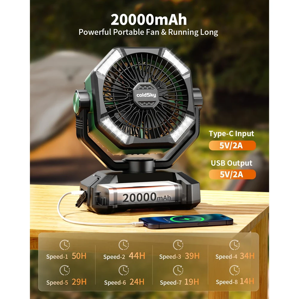 coldSky 20000mAh Camping Fan Dual Motor Battery Operated Fan with 4 LED Lantern 8 Speeds Desk Fan Portable Outdoor Fan with Hook