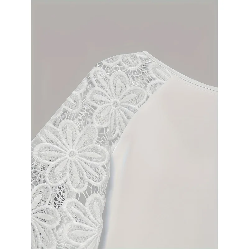 T-shirt femme blanc manches sept-quarts dentelle couture sangle col rond couleur unie chemise femme